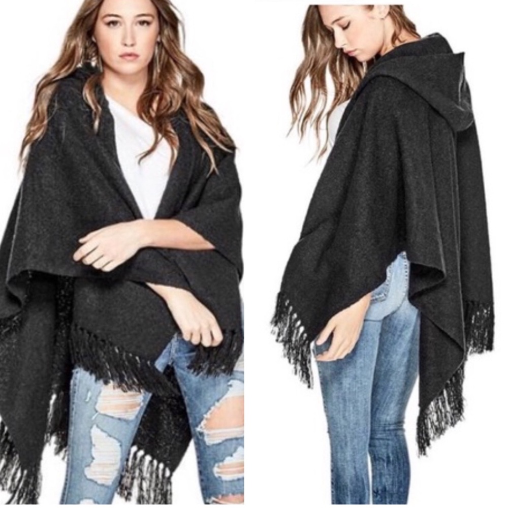 Guess Cozy Gray Hooded Poncho with Fringe One Size Item